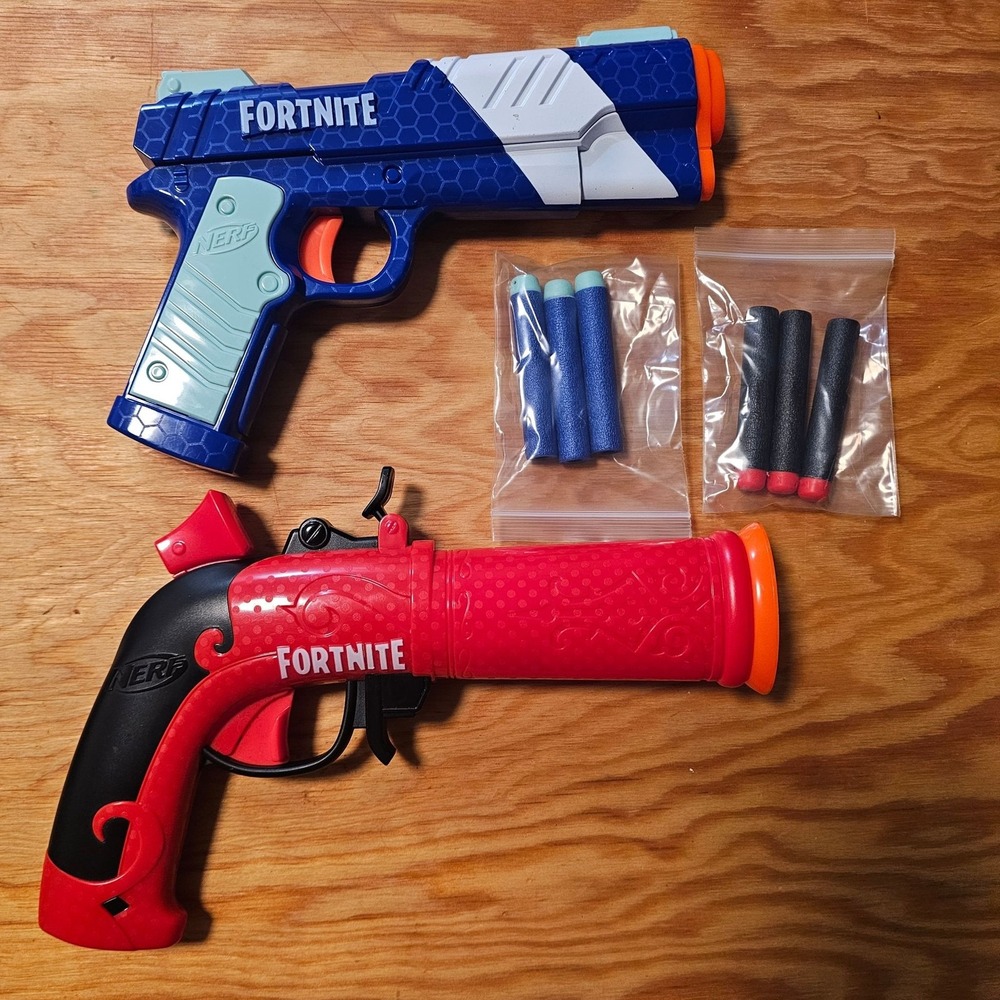 LOT OF 2 NERF Fortnite Dart Blaster Toy Guns Pistols Blue Red Foam Darts Kids